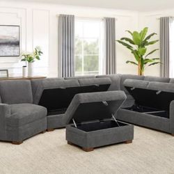 NEW IN BOX Fabric Sectional With Storage Seats & Ottoman 