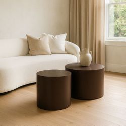 Set Of 2 - Minimalist Brown Round Nesting (16” & 12.5”) Coffee Tables [NEW IN BOX] **Retails For $277  <NO Assembly Req>