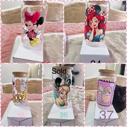 16 Oz. Glass cups Princess, Precious moments, Minnie Mouse
