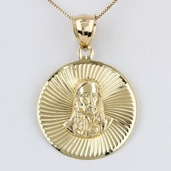 14K Yellow Gold Round Guilloche Radial Jesus Christ Religious Pendant