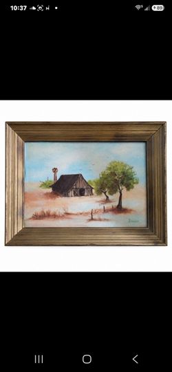 Vintage Framed Landscape Oil Painting - Rustic Barn Prairie Scene Cottagecore