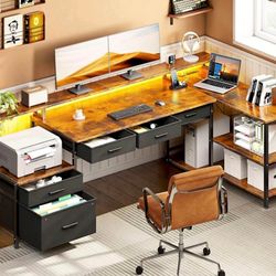 75 Inch L-Shaped Executive Desk – 5 File Drawers, LED Lights & Power Outlets Vintage Brown