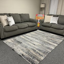 Studded Loveseat + Sofa Set W/ Pillows And Rug (New)