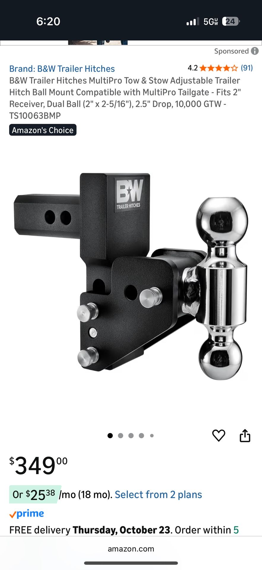 B&W Trailer Hitches MultiPro Tow & Stow Adjustable Trailer Hitch Ball Mount