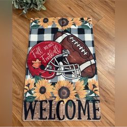Welcome Fall Football Season Small Decorative Garden Flag, Autumn Sport Game Day Helmet Pumpkin Yard Lawn Outside Decor, Rugby Sunflower Burlap Outdoo