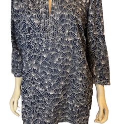 Talbots Blue White Shell Print 3/4 Sleeve VNeck Side Slit Cotton Tunic Top 2X- Price Negotiable 