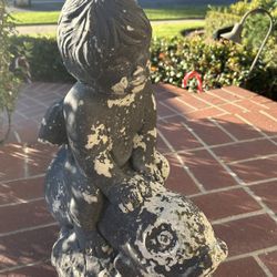 Garden Vintage Statue Sculpture Cement Weathered Rustic Landscape Fish Boy Riding 