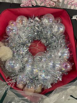 Silver Tinsel Christmas Wreath with Iridescent Balls