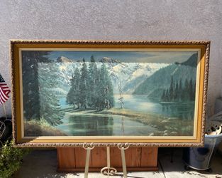 Beautiful Vintage Violet Parkhurst Nature Scene  of Lake Mountains Textured and Framed