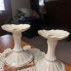 LENOX Symphony Pair of Candlestick Holders with Gold Trim 4 1/2 “ tall