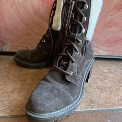 Marc Fisher Boots Womens Size 8.5 Brown Suede Combat Ankle Lace Up Fur Lined
