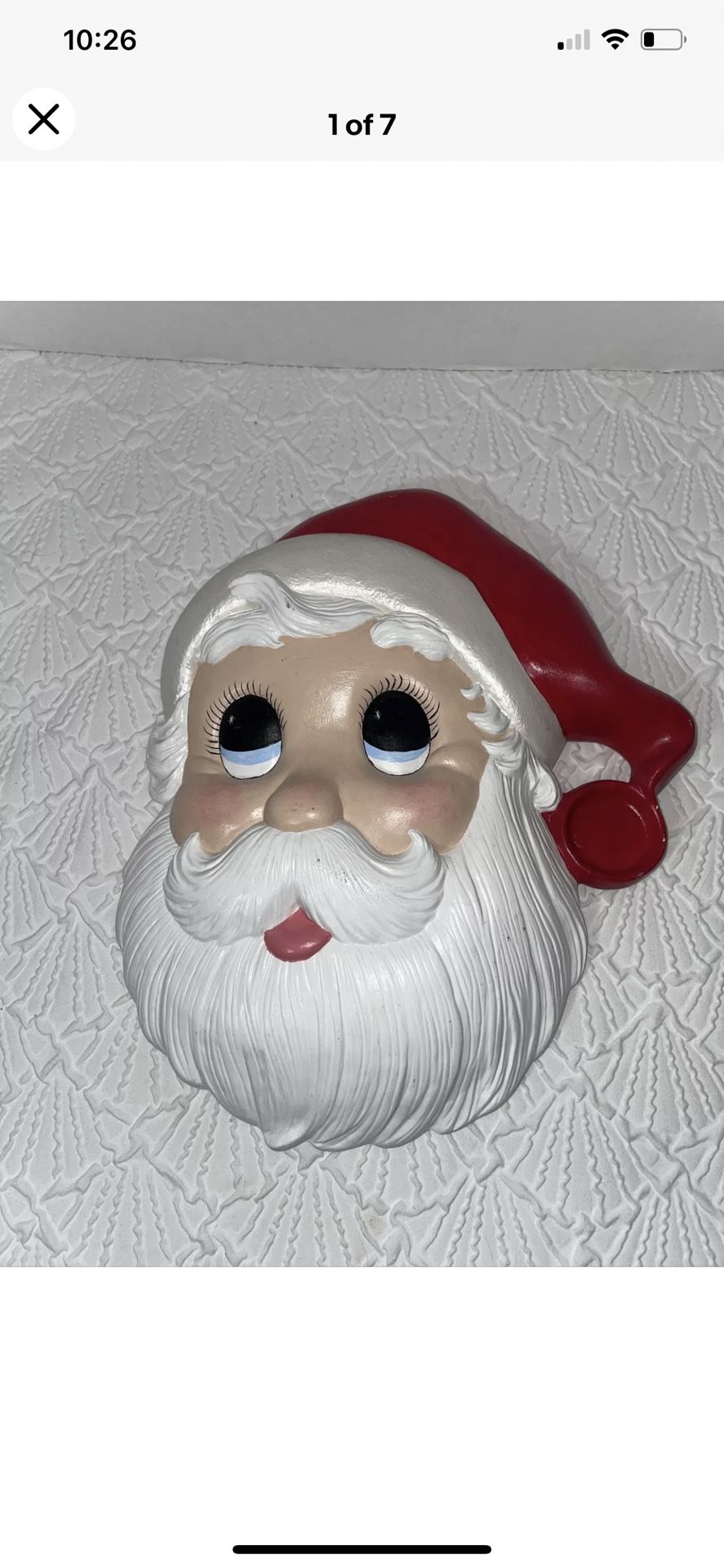Vintage Christmas Wall Hanging/Centerpiece Ceramic Santa Head 14"Lx11"W In good vintage condition!! Has minor imperfections (please refer to detailed 