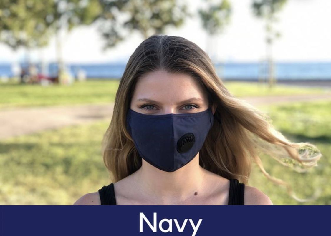 Navy face mask with filters, vent, anti-fog, glasses wearers, adjustable ear straps