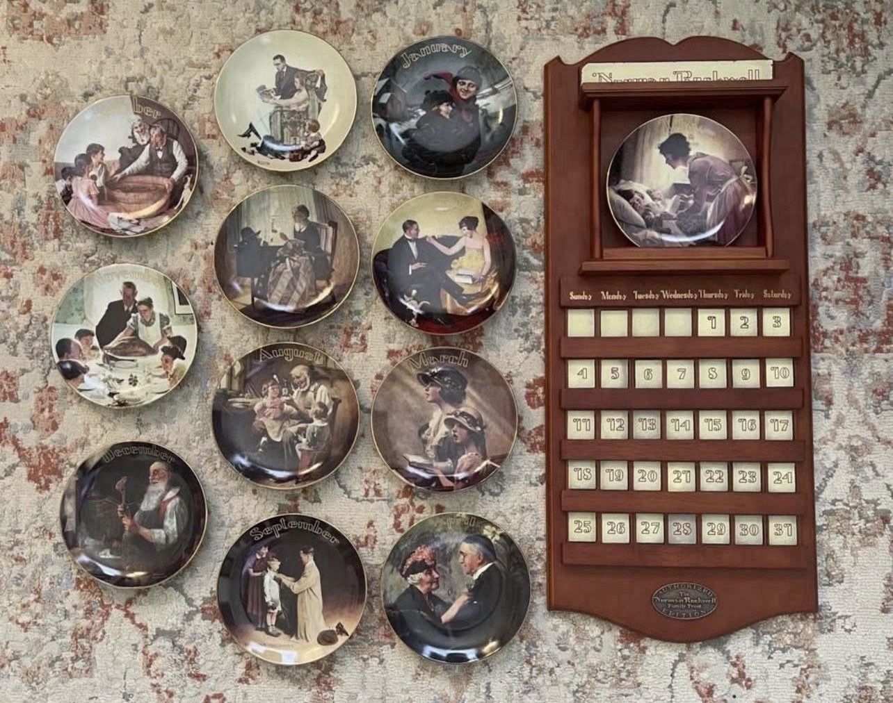 RARE Norman Rockwell American Mid-Century Porcelain Plate and Tile Wooden Wall Calendar