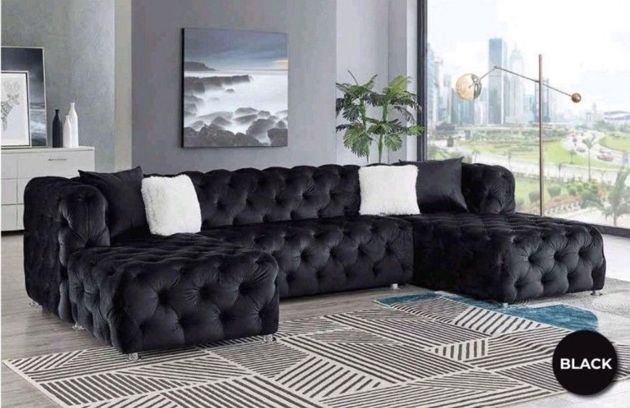 New Glam Black Velvet Sectional Tufted U-Shaped 135x70