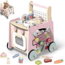 Wooden Baby Walker 9-in-1 Activity Center with Toddlers Montessori Sensory Toys and Play Kitchen Push Walker for Kids with Wheels and Storage Space