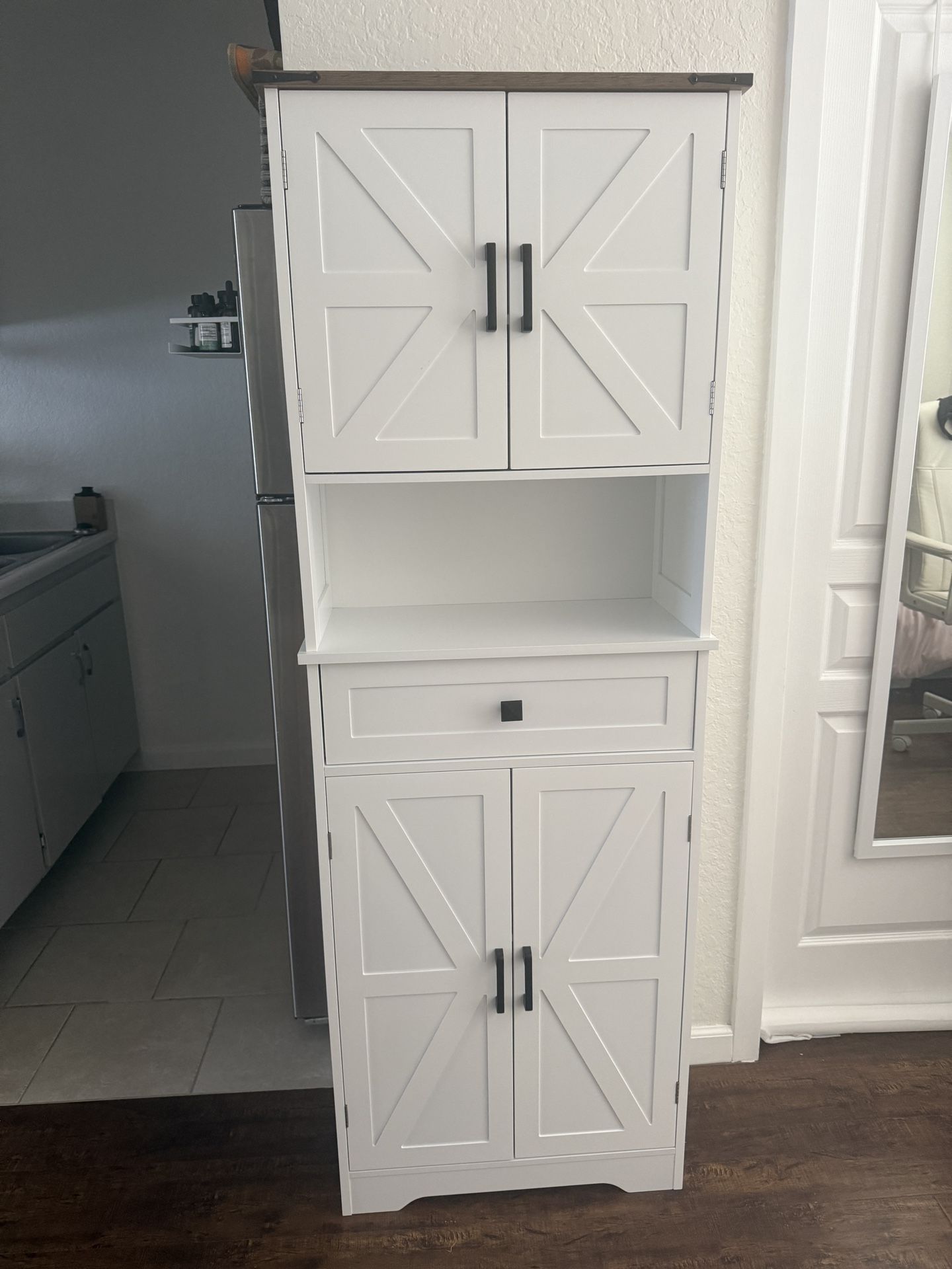 Farmhouse Tall Storage Cabinet, 67" H, 1 Drawer, 4 Doors, 2 Adjustable Shelves