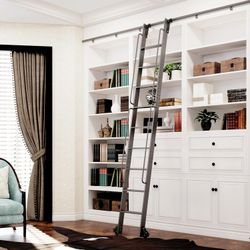 108" Sliding Library Ladder with Handrail Rolling Bookshelf Ladder 4FT Rail 300lb Capacity Black