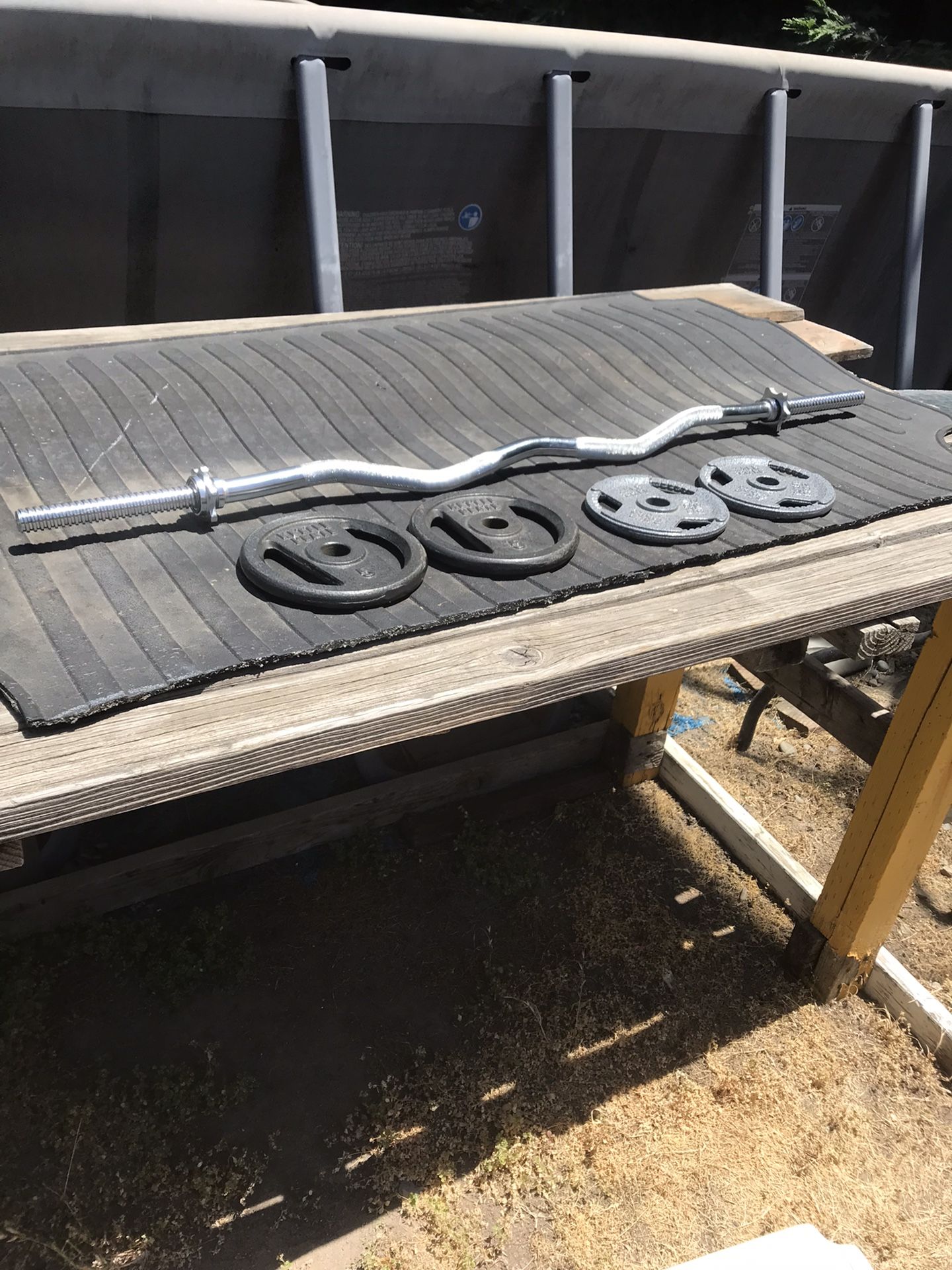 Chrome Curl Bar With Hex Nut Spin Lock Collars With 2/ 5LB Weights and 2/ 2.5 LB Weights For Sale