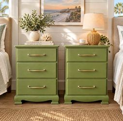 Pair of Olive Green 3-Drawer Nightstands with Gold Hardware
