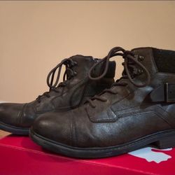 10.5" Bugatti Men's Brown Leather Lace-Up Boots - Side Zip & Buckle