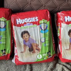 👶🏻Diapers - 3 Huggies Little Movers Slip-On Diaper Pants, Size 3