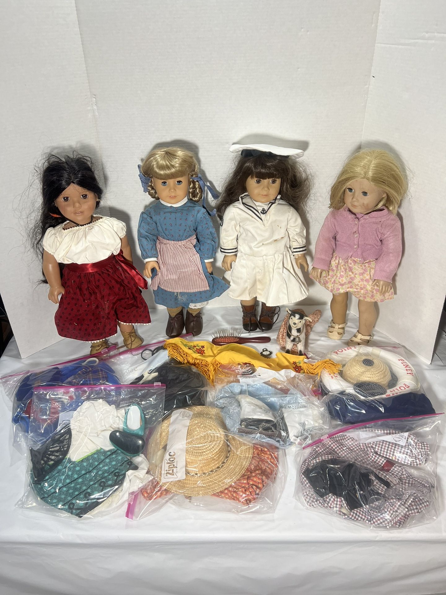 Set of 4 PLEASANT COMPANY - American Girl Dolls: Kirsten Larson, Kit Kittredge, Samantha Parkington, Josefina Montoya including many accessories and o