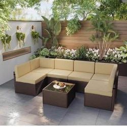 Newly assembled 7Pcs Patio Furniture Sets, Patio Sectional Sofas, All-Weather Brown Wicker