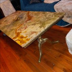 Vintage Italian Coffee Cocktail Table single slab of Incredible Green Onyx! base metal & solid Brass