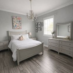 ✨ Elegant Grey Bedroom Set – Bed Frame, Nightstand & Dresser w/ Mirror ✨