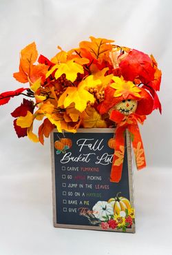 Fall bucket list flower arrangement-NEW-silk leaves, autumn, scarecrow, pumpkin, Thanksgiving, gift, decor