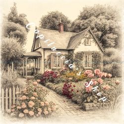 Beautiful cottage rose garden summer vintage pencil painting poster