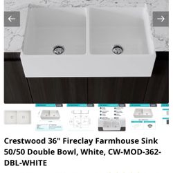 BRAND NEW SINK, Crestwood 36" Fireclay Farmhouse Sink 50/50 Double Bowl, White, CW-MOD-362-DBL-WHITE
