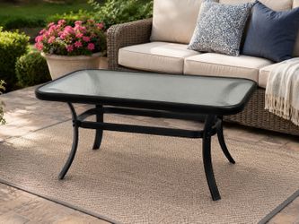 Modern Black Metal & Textured Glass Patio Coffee Table – 35” x 19”