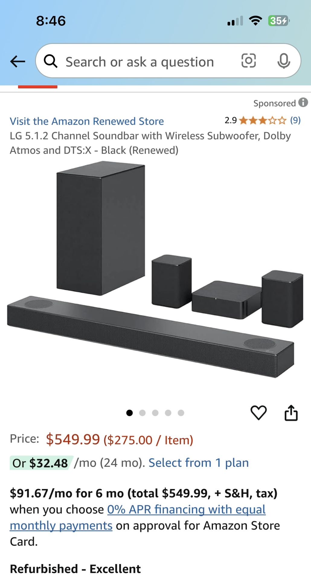 LG 5.1.2 Channel Soundbar with Wireless Subwoofer, Dolby Atmos and DTS:X - Black