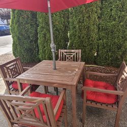 Patio Table, Chairs, Umbrella, and Cushions