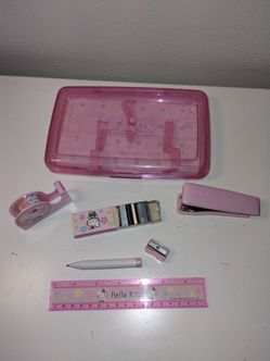 Vintage 1999 Sanrio Hello Kitty Stationery Set Case Ruler Stapler Tape Sharpener