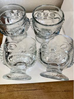 Vintage Clear Glass Double-Sided Tiki Mug – Happy & Sad Face Two-Faced   Set of 4   Sturdy Glass