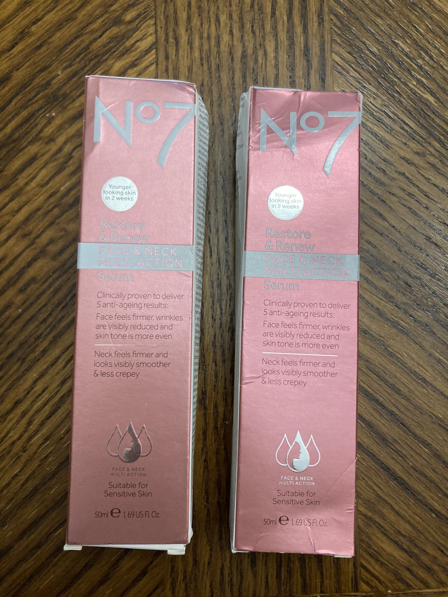 NWT No7 Restore & Renew Face & Neck Multi Action Serum 50ml 2 pack bundle 