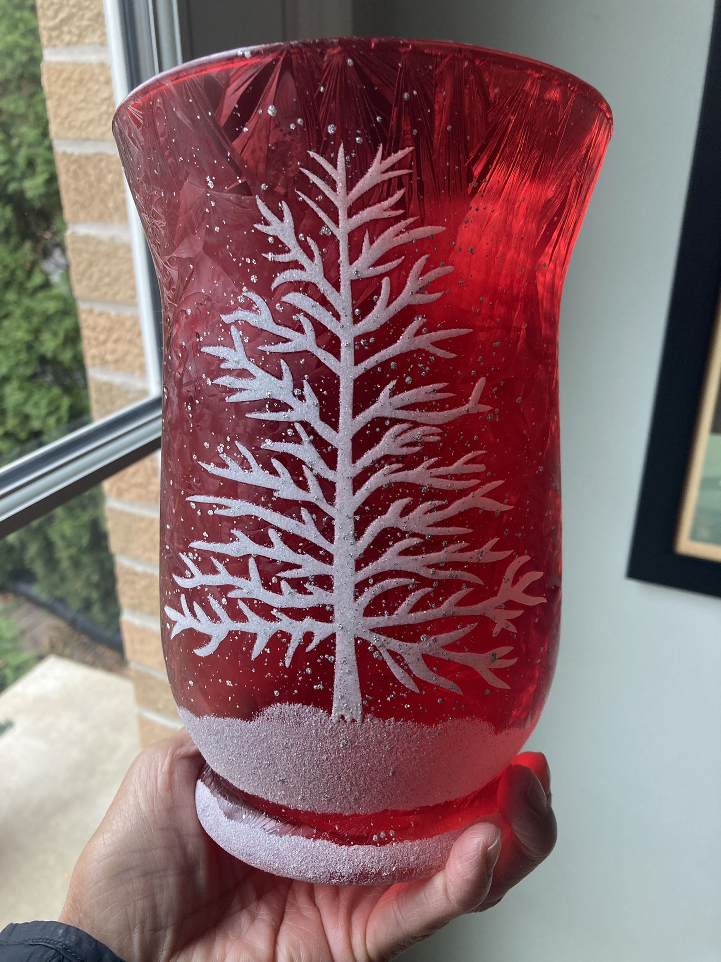 Christmas Winter Tree Red Frosted Candle Holder