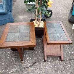 2 NICE WOOD AND SLATE END TABLES