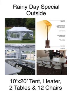 10x20 PopUp Tent, Heater, 2 Tables, 12 Chairs.