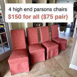 4 High end Parsons chairs with removable covers and wheels. Versatile, dining or living room