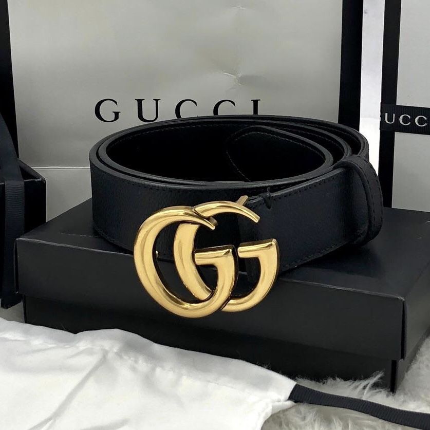 GG Marmont Black Leather Belt with Shiny Buckle Size 29-32