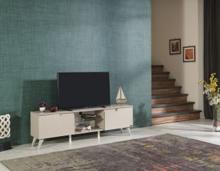 Modern Mid-Century TV Stand with 2 Cabinets & Open Storage – Beige Entertainment Center