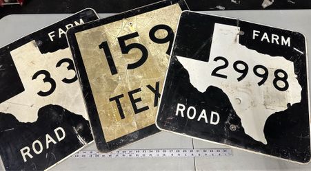 Vintage Texas Farm Road Signs – FM 338, FM 2998 & Texas 159 – Large Original Metal Highway Signs