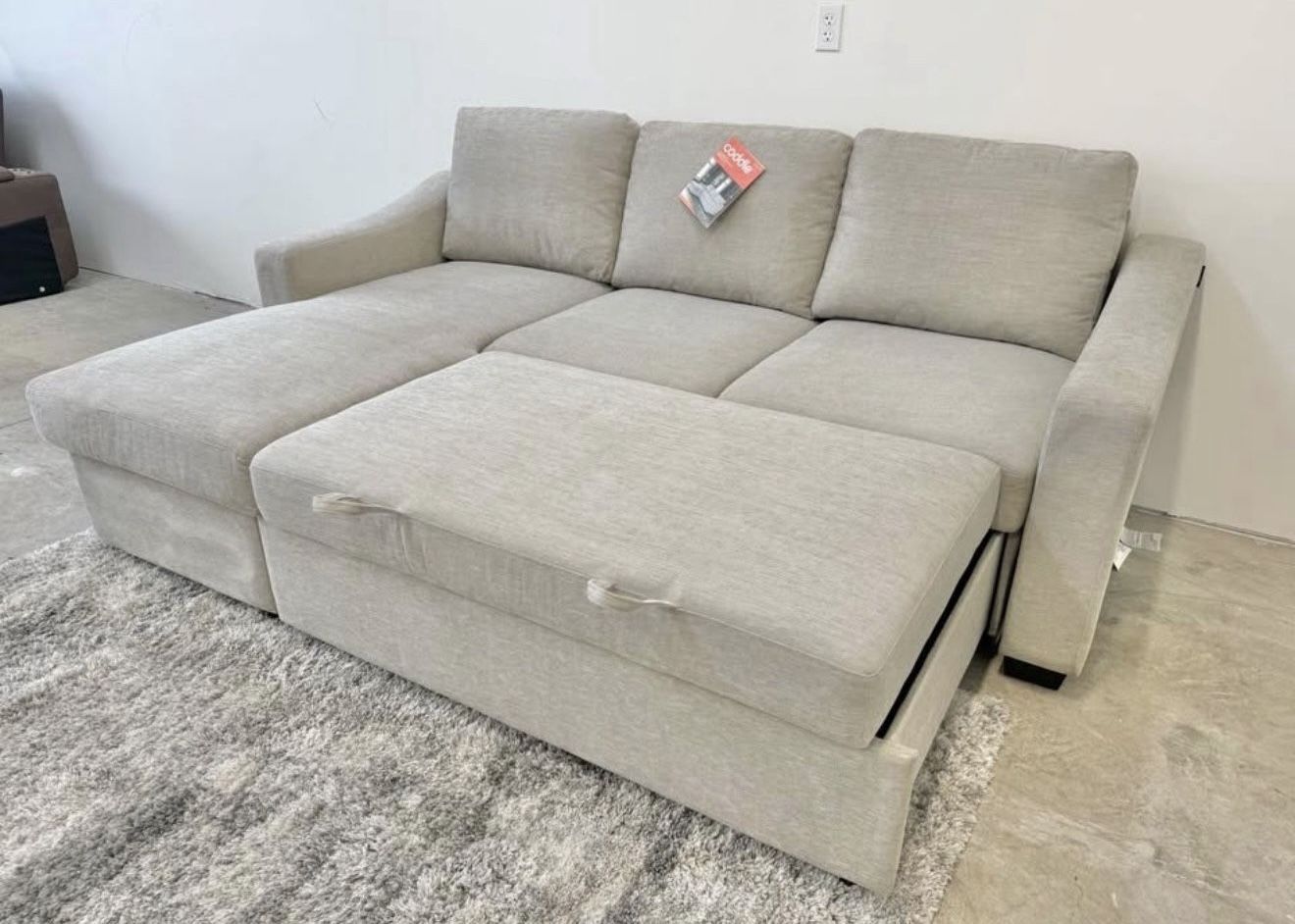 Coddle Aria Fabric Sleeper Sofa w/ Reversible Chaise & Storage – Beige (Like New)