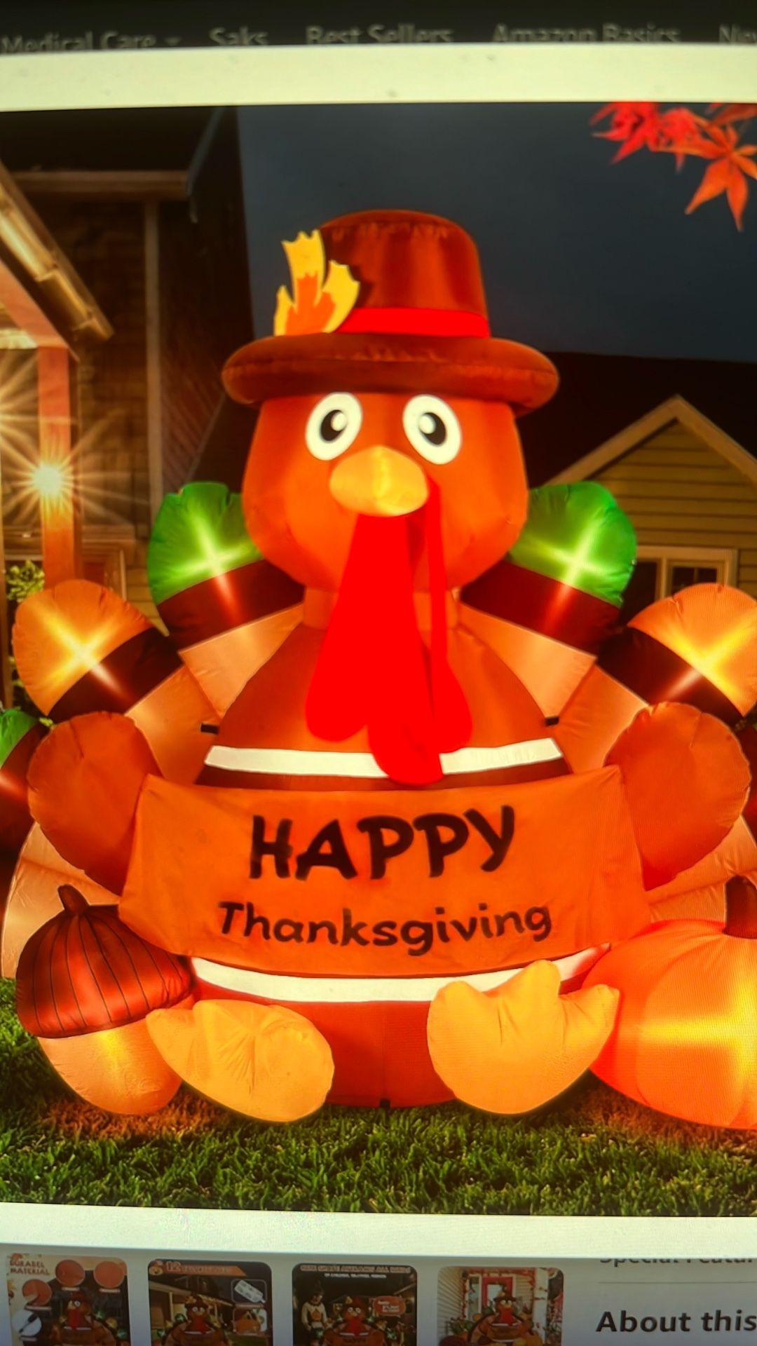 NEW 6Ft Thanksgiving Inflatable. Turkey Decorations w/Built-in LEDs, Standable, Blow Up Turkey Decoy w/Wings up for Indoor/Outdoor Holiday Yard Gar