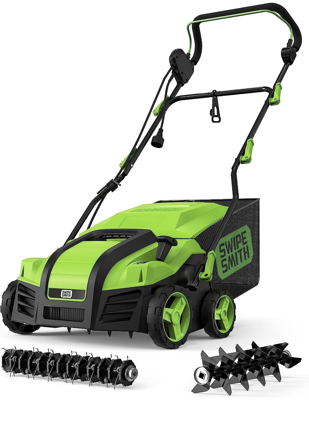SWIPESMITH 16” 15 Amp Electric Dethatcher Scarifier, Lawn Dethatcher with 5-Position Depth Adjustment, 14.5 Gal Removable Thatch Collection Bag, Quick