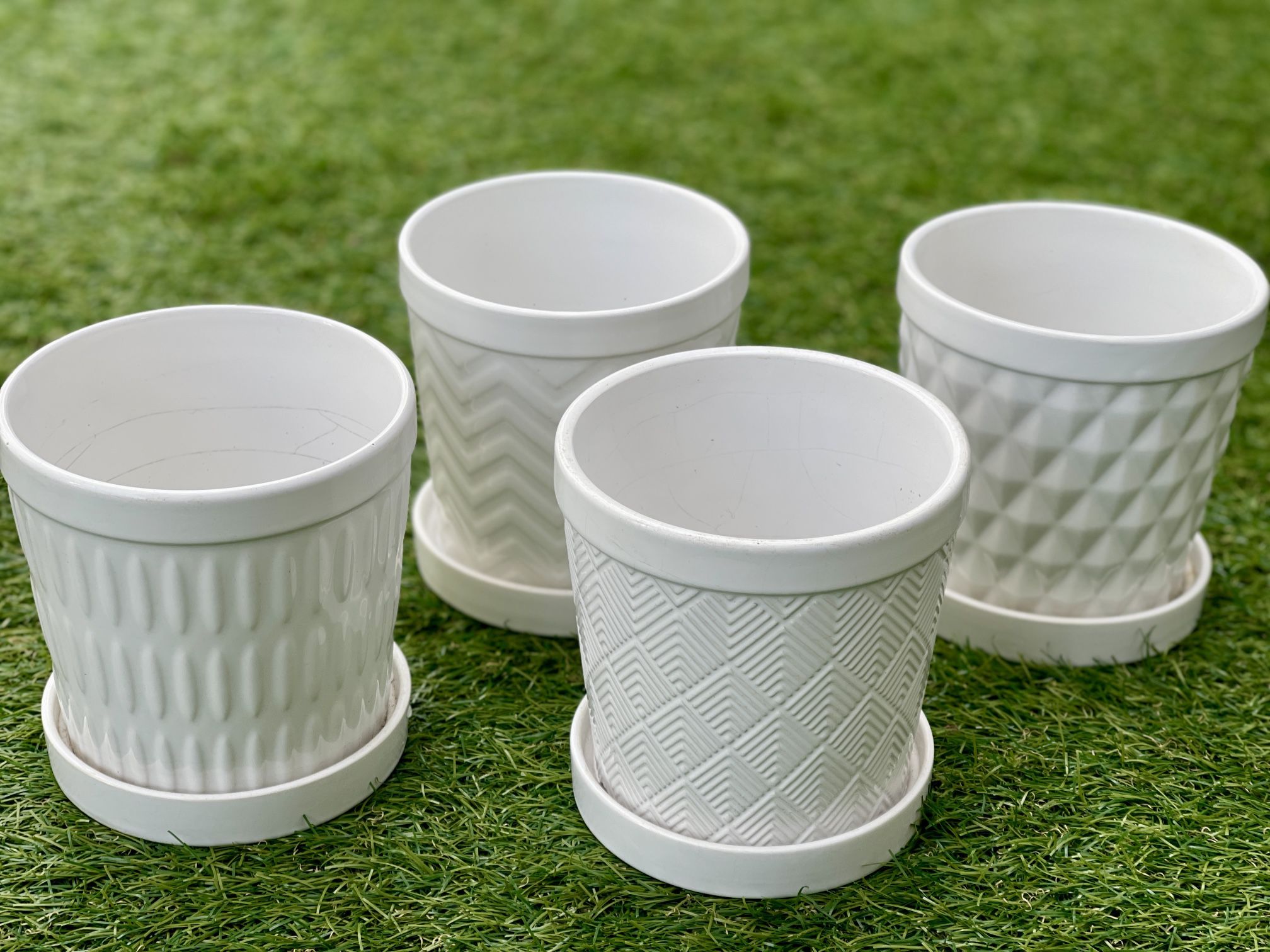 4 New Planting Pots White In Geometric Designs  5”D x 5.25”H x 